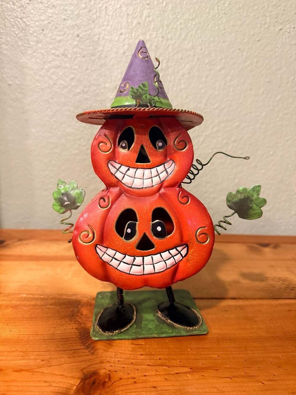Enesco Vintage Halloween Pumpkin Witch Metal Folk Art Figurine